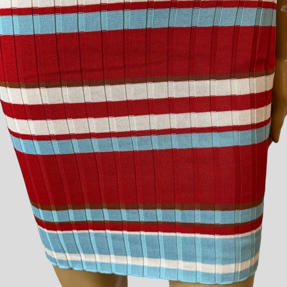 Women Ribbed Woven Bodycon Dress Small S Blue Red White Stretch Wide Stripes - Picture 9 of 15